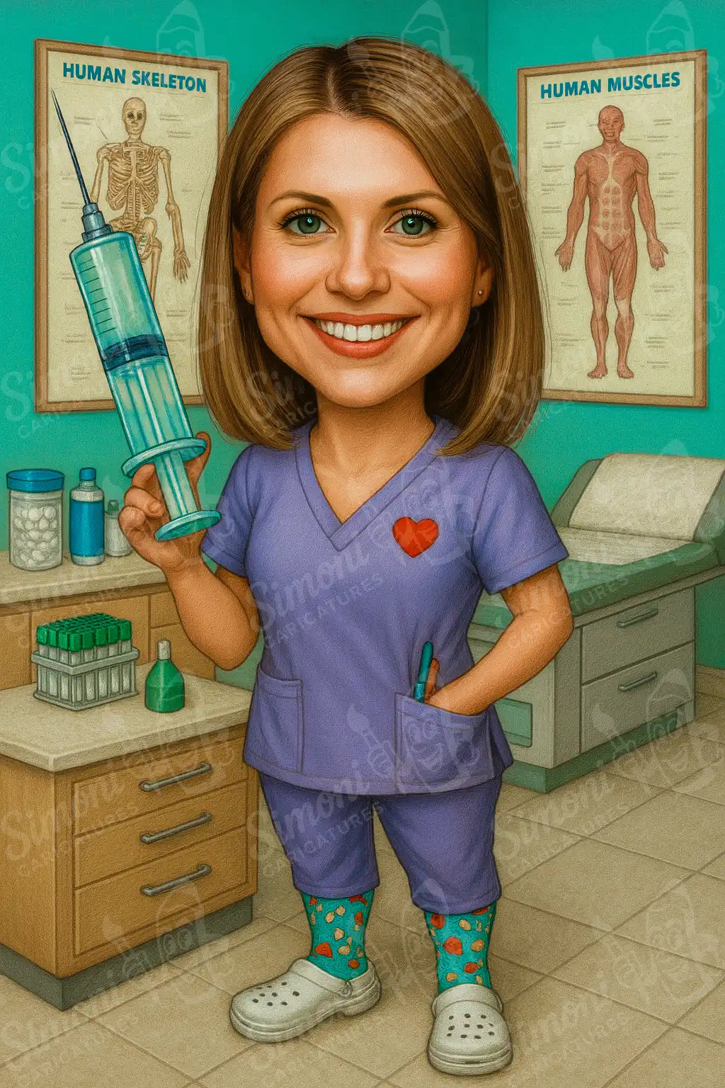 Карикатура на усмихната медицинска сестра в кабинет, държаща голяма спринцовка, персонализиран портрет от Simoni Caricatures.